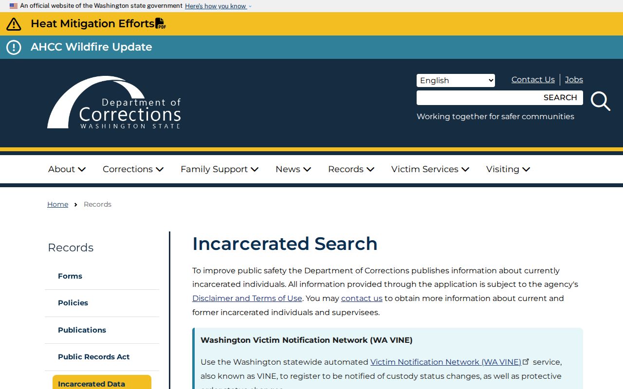 WA DOC custody records for Grays Harbor County searches