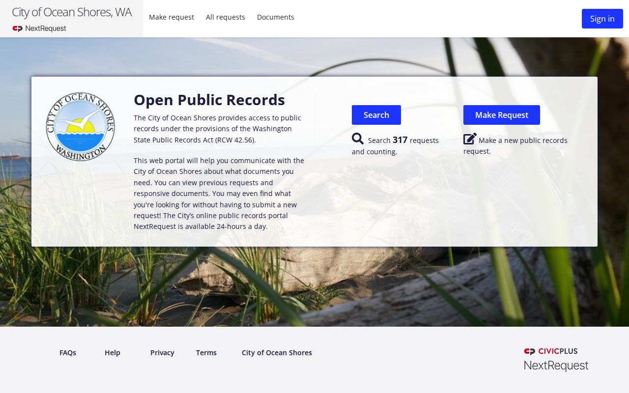 Ocean Shores NextRequest police and criminal records portal